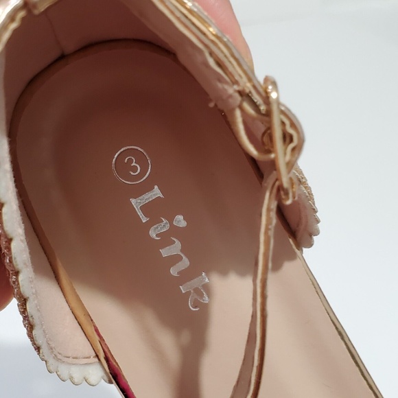 Girl's Ballet Strap Flat Formal Party Shoes Size 3 Golden Sparkly Embellished - Picture 6 of 7